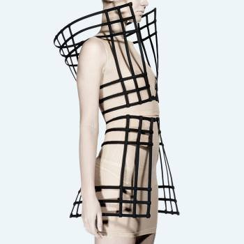 Leather outerwear by Chromat (USA), which began in 2010 as an extension of designer Becca McCharen's degree in architecture. It specializes in structural experiments for the human body.
