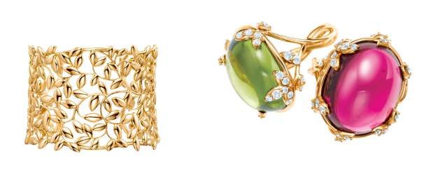 Paloma's Olive Leaf cuff in gold & Paloma's Olive Leaf cabochon rings with diamonds, peridot and rubellite