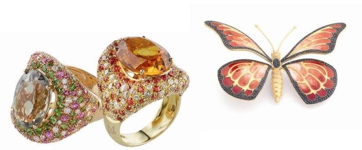 Left: In the “Grace” collection, ring in pink gold with prasiolite centre, and diamonds, pink sapphires, and tsavorites Right: ring in yellow gold with madera citrine centre, and white and brown diamonds, and orange sapphires by Italian brand Moraglione (left) & Enamel, silver, and gold butterfly brooch by Italian brand Misis. The Italian brand announced during the fair that it was forming an alliance with a Chinese company to open a number of Misis boutiques in China (right)