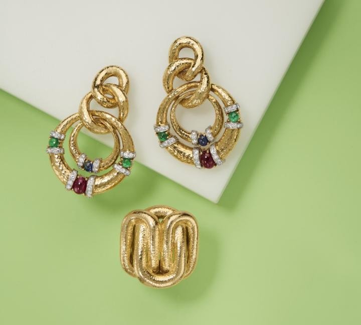 David Webb, Diamond and Multi-Gem Earrings & Gold Ring