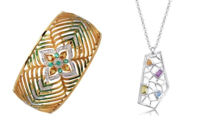 Left: Fashionable gold and gemstone cuff by Ankit Malpani. Right: An airy, lacy silver and colored gemstone pendant by Thistle & Bee.