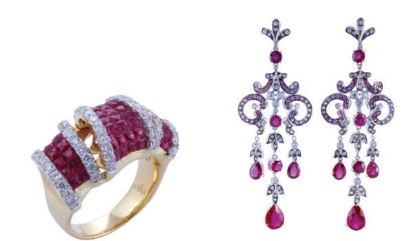 Ruby and diamond ring by Gem Production & Ruby and diamond earrings by Princess Gems.
