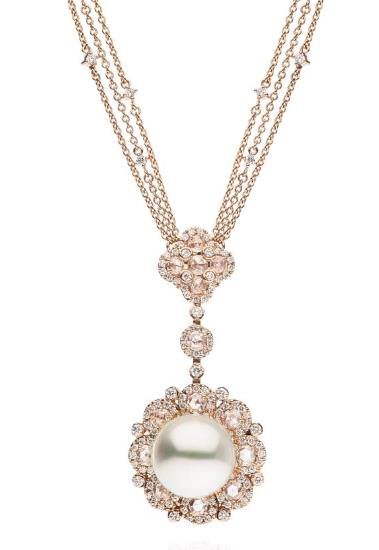 Autore Rose Cut Pendant, 18k rose gold with diamonds and South Sea pearl