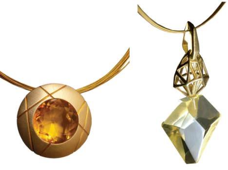 Pendant in gold-plated satin silver by Zimmermann Design & Facetted amber and gold pendant by Art 7.