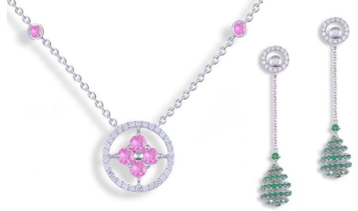 Pink sapphire Dame de Pique pendant & Green topaze Belle de Jour earrings