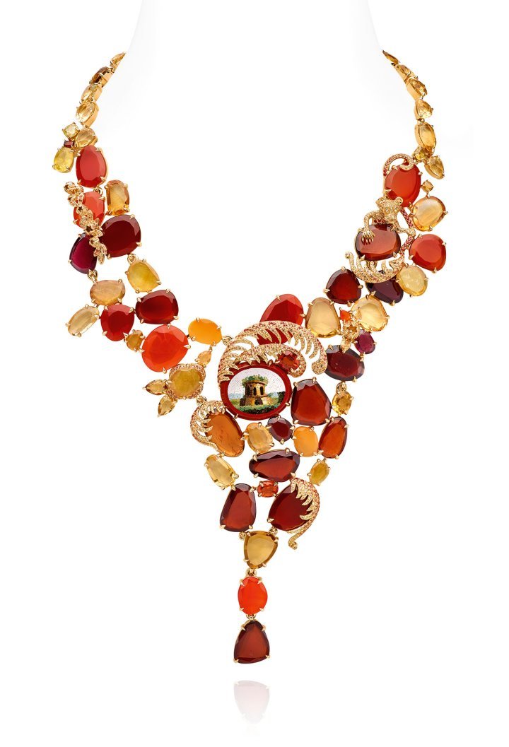 Micro-mosaic necklace, Amber Chamber collection, 2019, citrine, almandine garnet, chalcedony, fire opal, yellow and orange sapphires, hessonite garnet, red jasper, 18k yellow gold with a nineteenth-century oval micro-mosaic.