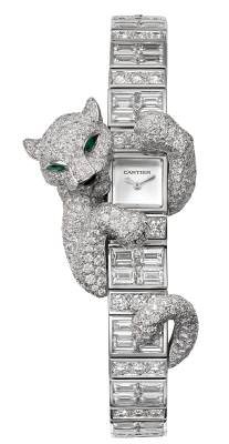 Les Heures Fabuleuses de Cartier: Baguette Panthère; case and bracelet in 18K rhodium-plated white gold set with brilliant-cut and baguette-cut diamonds; mechanical 101 MC manual movement.