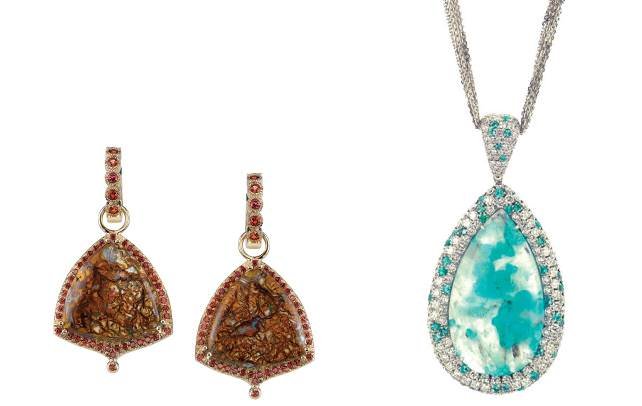 Opal, diamond, and red sapphire earrings by Erica Courtney (left). Paraiba tourmaline, gold, and diamond pendant by Rahaminov Diamonds (right).