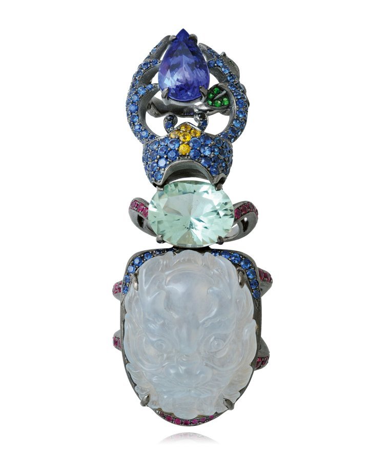 Scarab finger-ring, Autumn in Peking collection, icy-jade carved plaque, tanzanite, sapphire, aquamarine, yellow sapphire, tsavorite garnet, ruby, 18k black rhodium-plated gold