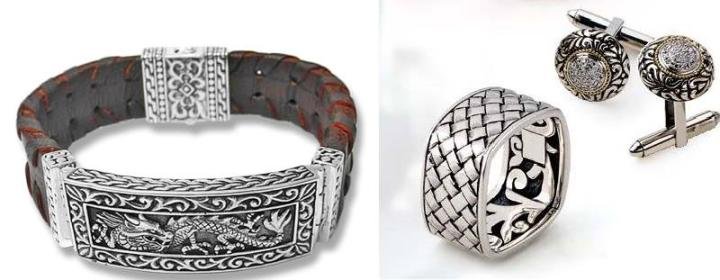 Left: Sterling and leather men's bracelet by Robert Manse. Right: Men's silver ring and cufflinks by Samuel B.