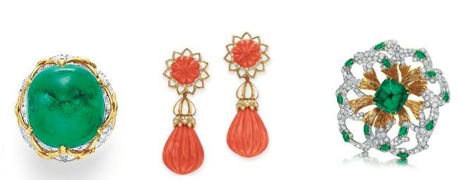 An emerald and diamond ring, circa 1965, A pair of diamond, coral and enamel ear pendants, circa 1967-­‐1970 and An emerald, diamond and gold brooch, circa 1965, by David Webb