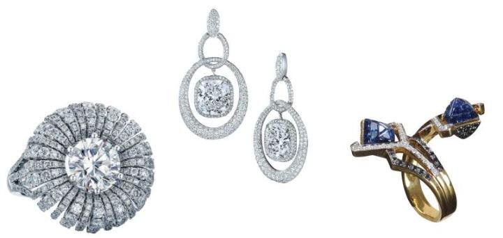 Diamond ring, winner of the Bridal category, by Frederick Sage (left). Limited edition “Revel” earrings winner of the Diamond Classic category, by Kwiat (center). Centurion Emerging Designer winner Sharart presented this diamond and gold ring with pirouetting sapphires (right).