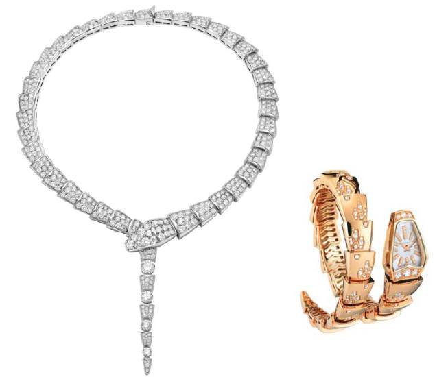 High Jeweller y necklace in white gold with round brilliant cut diamonds and pavé diamonds & Serpenti jeweller watch pink gold one coil bracelet