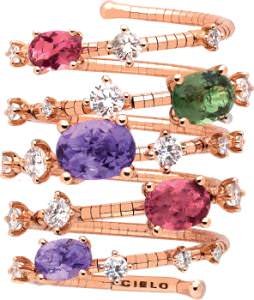 Technically sophisticated ring evoking movement in 18K gold and gemstones from the Rugiada collection by Mattia Cielo.