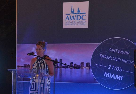 Nele Bouchier, head of the AWDC's PR and Communications Department, delivers a presentation in Miami during the “Antwerp Diamond Night,” held May 27, 2014.