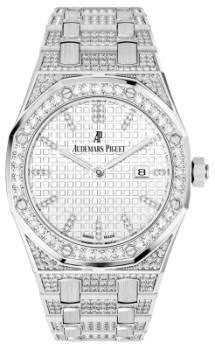 Audemars Piguet, Royal Oak: 33-mm white gold case, with bezel, and bracelet set with 648 diamonds; silver-toned dial; date; quartz movement.
