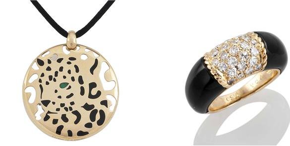 An emerald and enamel 'Panther' pendant, by Cartier Starting bid: £300 (left), An onyx and diamond 'Philippine' ring, by Van Cleef & Arpels (right)