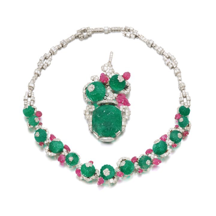 Mauboussin important emerald ruby enamel and diamond pendent necklace, circa 1929