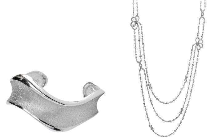 Wavy cuff bracelet, winner of the Silver category, by Charles Garnier (left). Platinum and diamond “Bowlero” necklace, winner of the Platinum category, by Gumuchian (right)..