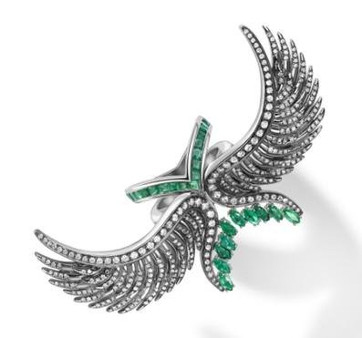 Ring, 18k white gold, black rhodium plated, diamond and emeralds.