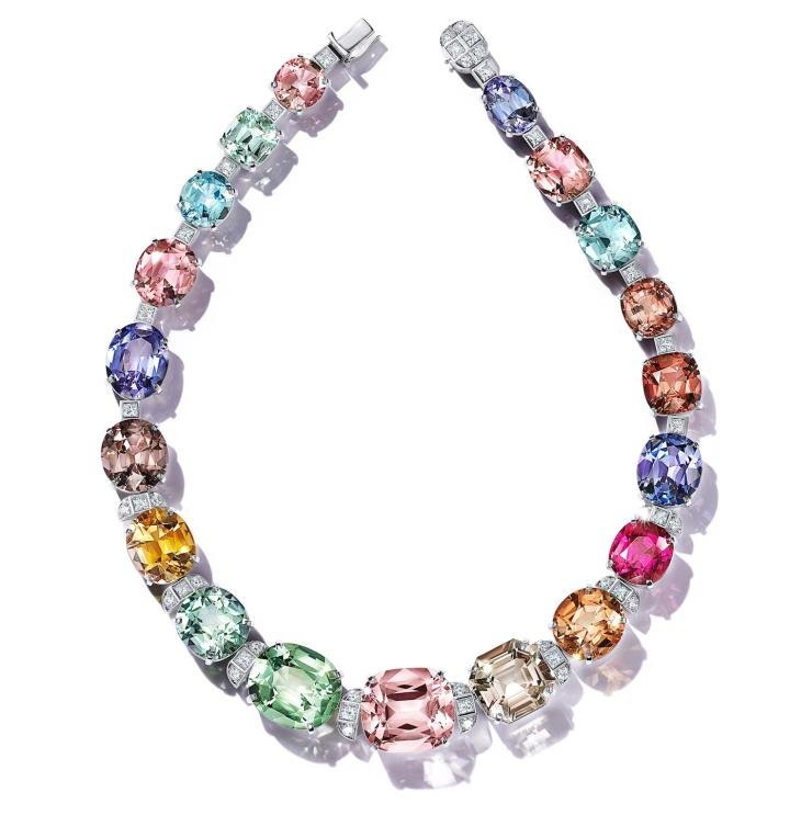 The boldest use of color in the collection is a striking necklace comprised of seven different gemstone varieties that took over a year to acquire - aquamarines; tanzanites; pink, orange and green tourmalines; a rubellite and a morganite - totaling a showstopping 278 carats