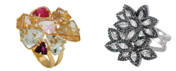 Gemstone and gold ring by Vianna (left). Black and white diamond ring by Bapalal Keshavlal (right).