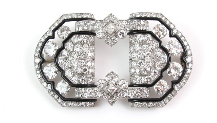 Faerber Collection – Art Deco diamond (total estimated weight 16 carats) and black enamel brooch, mounted on platinum with French assay mark and partial maker's mark (Maynier et Pinon), circa 1930