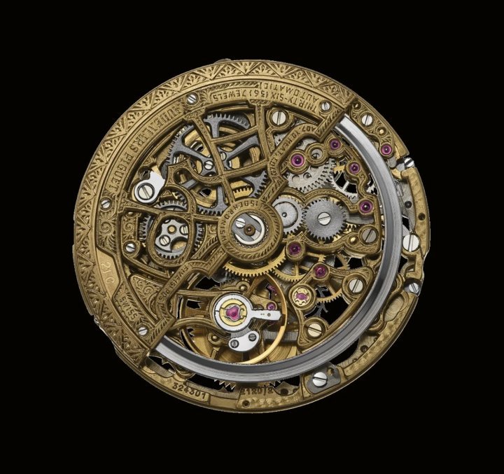 1982-1996. Calibre 2120/2800SQ, bridge-side view. Thinnest openworked self-winding perpetual calendar of its era (3.95mm): day, date, month, Moon phases. Movement 324301, produced in 1991. 