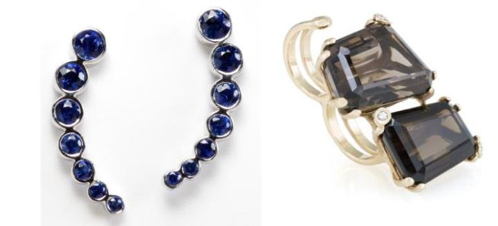 Left: Statement-making ear-climbers in sapphire and gold by Rina Limor. Right: Double ring in smoky quartz, diamonds, and gold by Marcia Budet.
