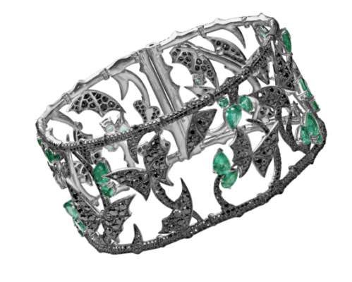  'Fly by Night' Couture Bracelet set with Emeralds and Black Diamonds