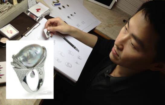 Nuttapon Yongkiettakul at his workbench, with an inset of the winning pearl ring.