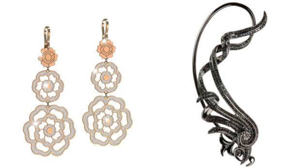 Earrings in Glam Film and rhodiumplated bronze by Rebecca (left). Black diamond and gold earclip by Nikos Koulis (right).