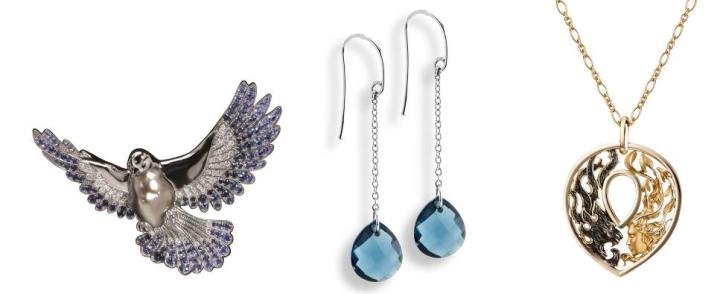 Mousson Atelier made a big statement with its one-of-a-kind pieces in gold and gemstones (Russia) (left) London Blue topaz and gold earrings by Bellon (France) (center) Stylized gold pendant by Magerit (Spain) (right).