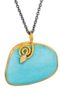 Lika Behar cleverly covered a defect in an otherwise beautiful piece of turquoise with a gold and diamond snake, thus turning “lemons into lemonade.”