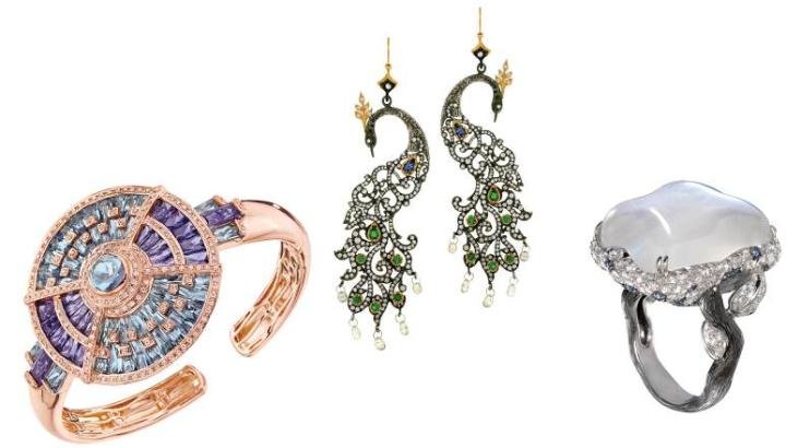 Gemstone and gold bracelet by Bellarri (left). Gold, silver, tsavorite, and sapphire earrings by Arman Sarkisyan (center). Rainbow moonstone, diamond, and gemstone ring by H.Weiss (right).