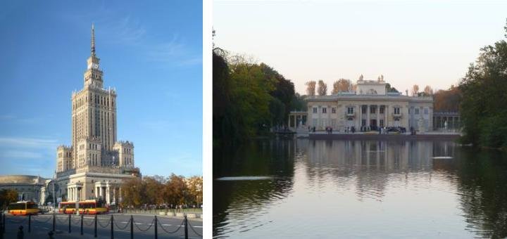A remnant of the Soviet era, the 231-meter high Palace of Culture and Science in the “Socialist Realist” style is one of Warsaw's landmarks (left) While most of Warsaw was completely destroyed during WWII, the beautiful Palace on the Island survived. The old town of Warsaw was completely rebuilt based on old paintings. (right)