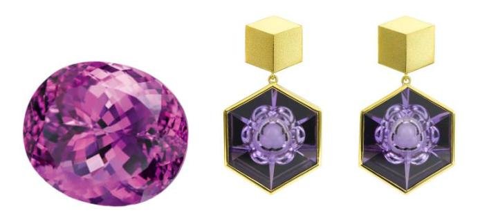 Facetted 47-ct kunzite by Constantin Wild (GJX) & Carved amethyst and gold earrings by Munsteiner (GJX).