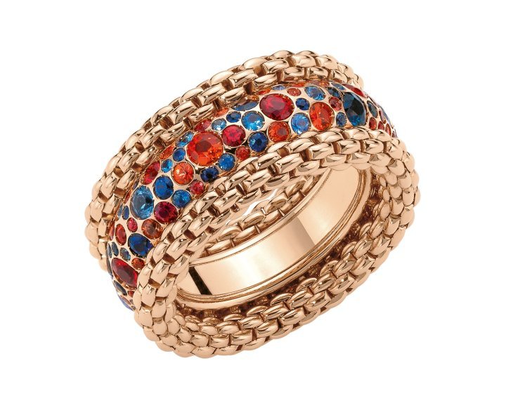 Bubble Collection: rose gold ring with blue and red sapphires