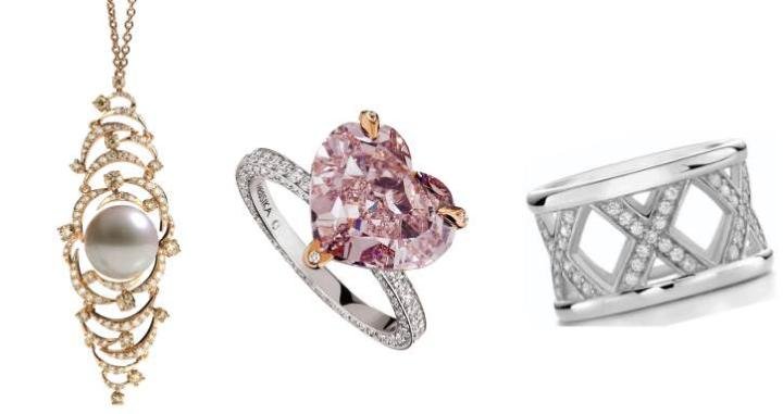 Diamond, gold, and pearl pendant in the Clair de Lune line by Utopia (left). Pink and white diamond ring by Messika (center). Ring in silver to celebrate the 10th anniverary of Ti Sento (right).
