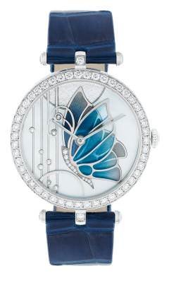 Van Cleef & Arpels, Lady Arpels Papillon Bleu Nuit: 38-mm white gold case; diamond-set bezel; mother-of-pearl dial with champlevé, plique-à-jour, and paillonné enamel, diamonds; manual movement; limited edition of 22 pieces.