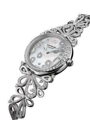 Montblanc, Collection Princesse Grace de Monaco, Pétales de Rose Motif: 18K white gold case set with 810 diamonds; mother-of-pearl dial; automatic Swiss movement; diamond-set crown.