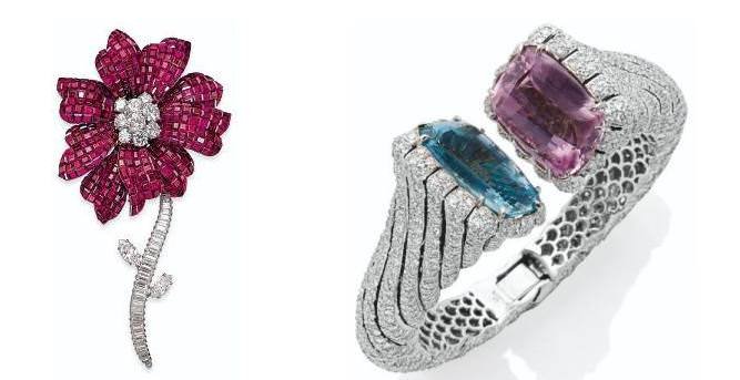 Magnolia brooch by Van Cleef & Arpels & pink topaz, aquamarine and diamond bangle By Verdura.