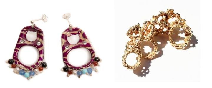 Left: Earrings made from recycled aluminium can tops by Carmina Campus (Italy). Created by Ilaria Venturini Fendi, Carmina Campus creates fashionable items from repurposed “waste” items Right: Gold finger glove by Imogen Belfield (UK), who creates textural and organic jewellery sculptures. She was named by Vogue Italia as one if its “Vogue Talents” this season.