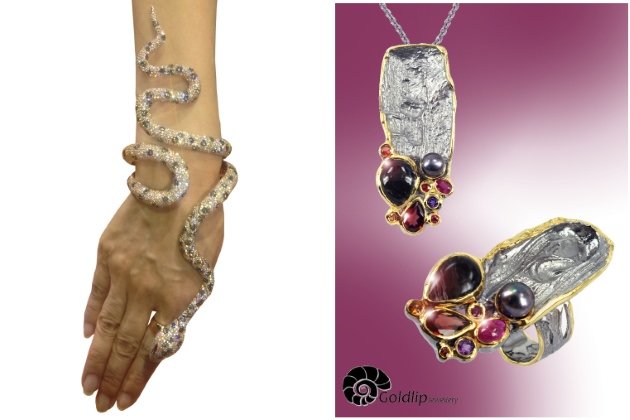 Intricate multi-gemstone snake bracelet/ring by Mahallati (left) Silver and gemstone ring and pendant by Goldlip.