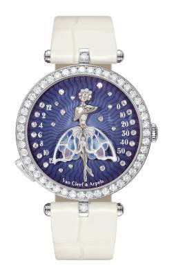 Van Cleef & Arpels, Lady Arpels Ballerine Enchantée: 40.5-mm white gold case; diamond-set bezel; dial with guilloché background, translucent and champlevé enamel, sculpted gold, diamonds; double retrograde mechanical movement, time on demand; numbered edition, permanent collection.