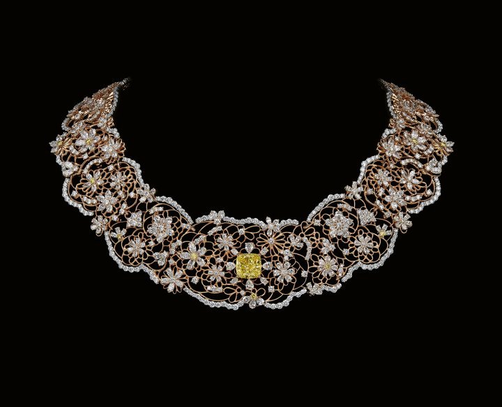 Dior Milly Dentelle Couture Fleurie necklace, rose gold, platinum, white and yellow diamonds.