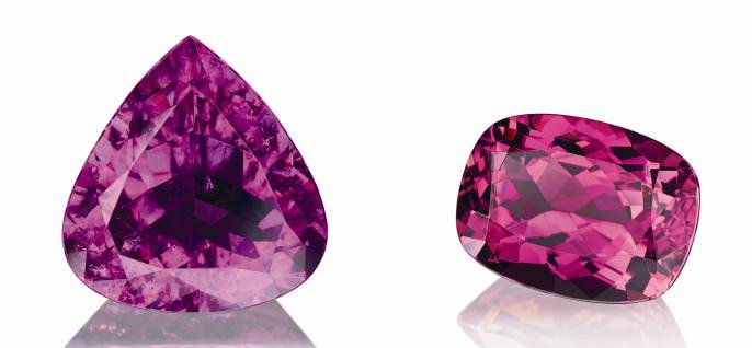 Left: Drop-shaped rubellite, 19.26 carats, Right: Neon-light radiant orchid: tourmaline, antique form, 11.77 carats 