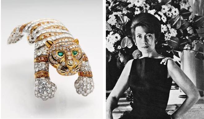Tiger shoulder brooch, by René Boivin & Madame Hélène Rochas wearing the Tiger brooch