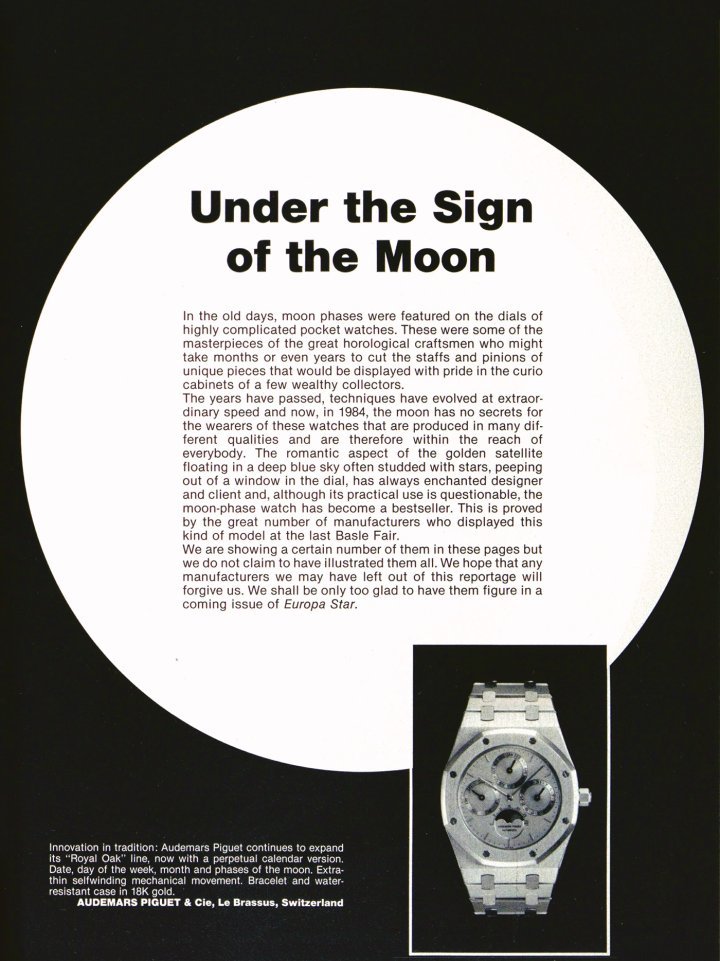 The Royal Oak Perpetual Calendar 25554 illustrated the cover page of an article published in Europa Star in 1984 on the Swiss watch industry and the revival of calendar watches. 