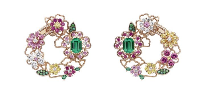 Dior Milly Dentelle earrings, rose gold, diamonds, emeralds, pink rubies, pink and yellow sapphires, tsavorite garnets